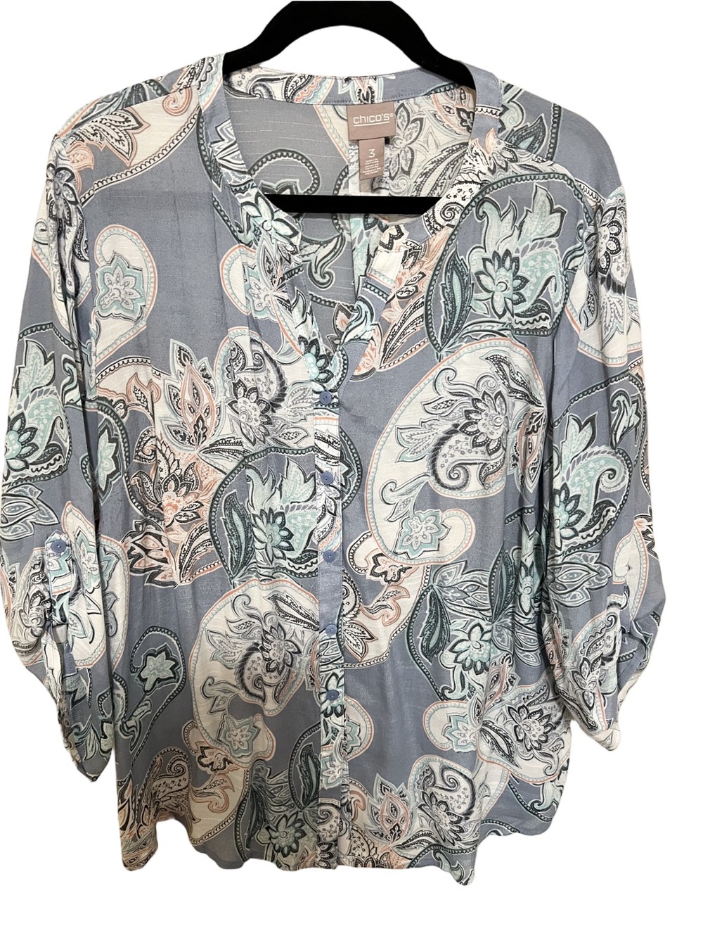 Chico’s XL Paisley Roll Cuff Button Up Semi Sheer Coastal Beach Office Vacation